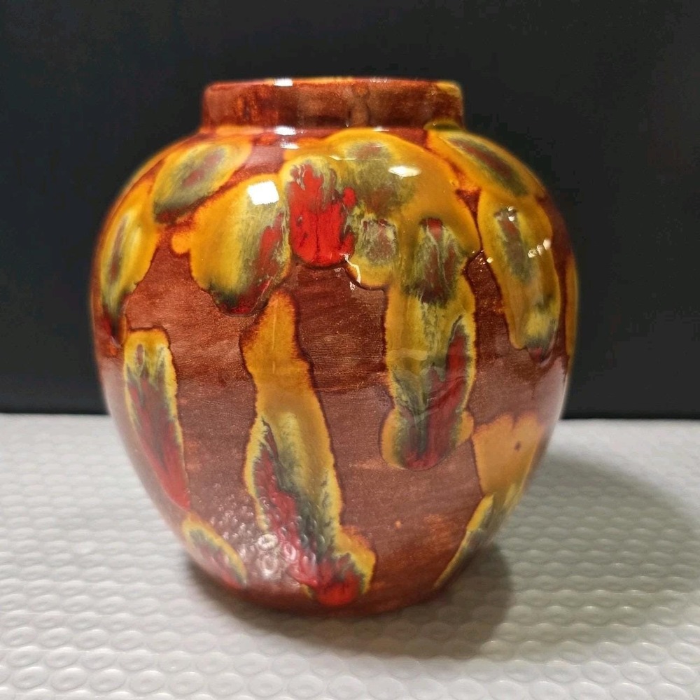 Vtg Art Deco Style Drip Glaze Ceramic Vase "Living Volcano"
